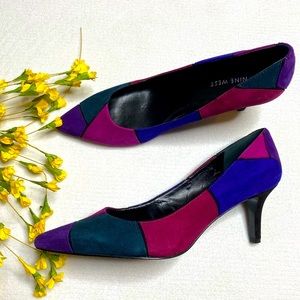 NINE WEST | SIZE: 8.5M | MULTICOLORED PATCH WORK SUEDE HEELS